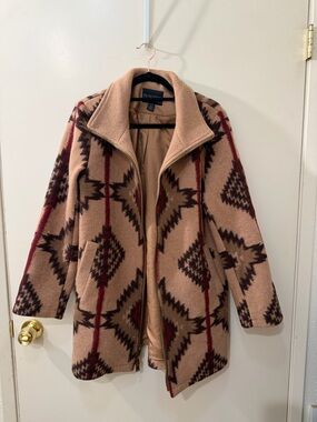 Pendleton Beige Aztec-Pattern Trench Coat with Red & Brown Accents